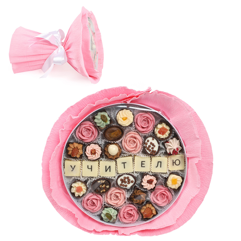 Букет розовый из конфет ручной работы с жемчужинами и текстом учителю 430г