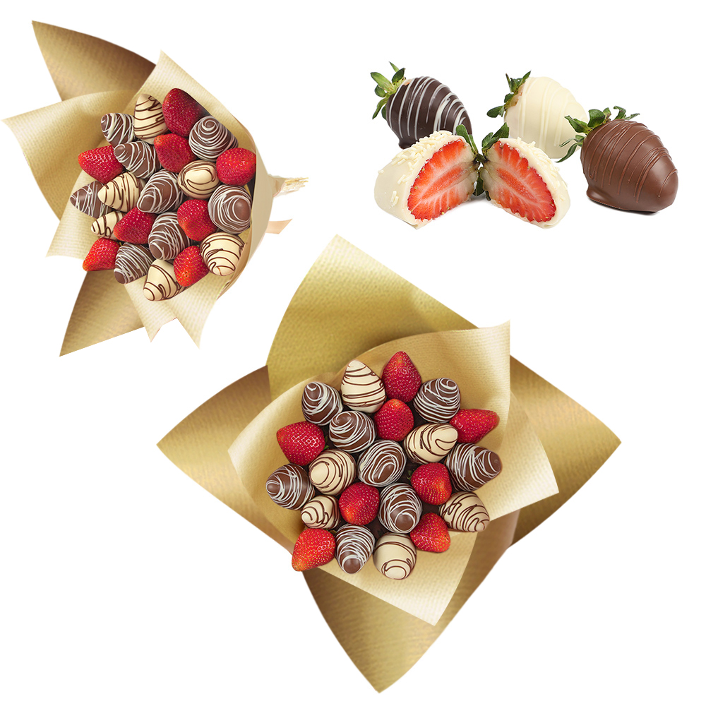 букета из свежей клубники в шоколаде с декором