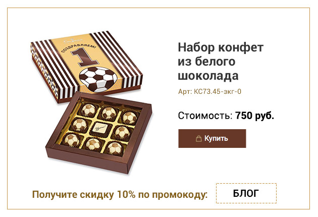 Набор конфет из белого шоколада в виде футбольных мячей с текстом поздравляем