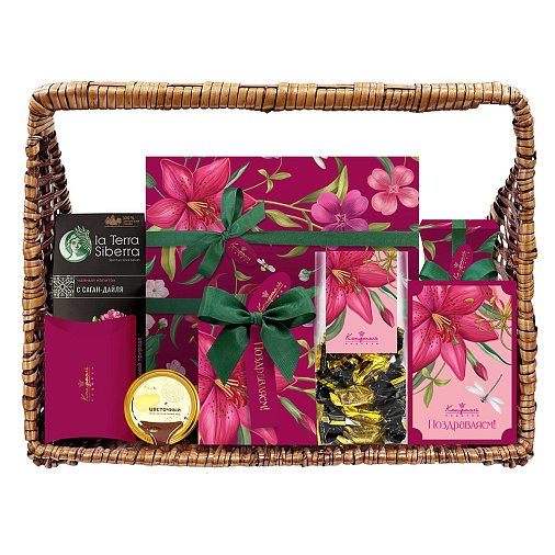 Подарочная корзина: конфеты глазированные, конфеты "Ассорти", мед, чайный напиток