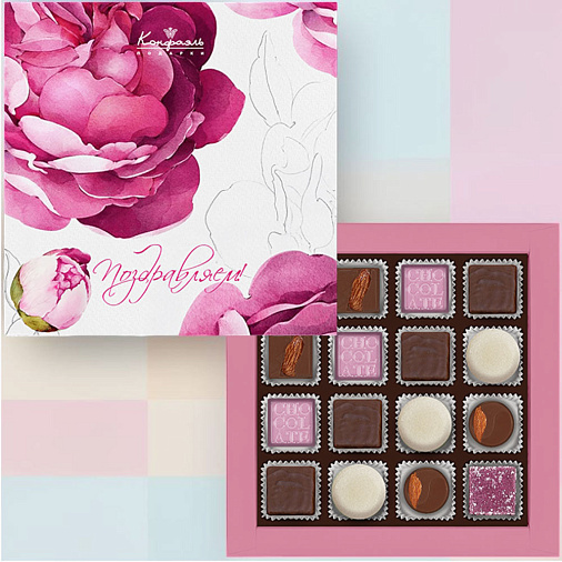 "Поздравляем" подарочный набор конфет ассорти (пионы)