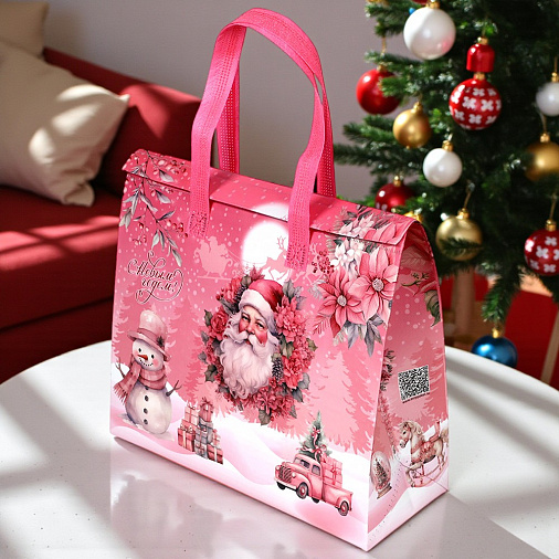 Термопакет розовый "С Новым годом" 35х30х13 см (застежка липучка многоразовая)