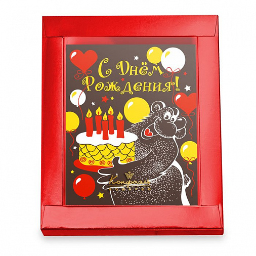 Открытка из горького шоколада С Днем Рождения! мишка с тортом 100г