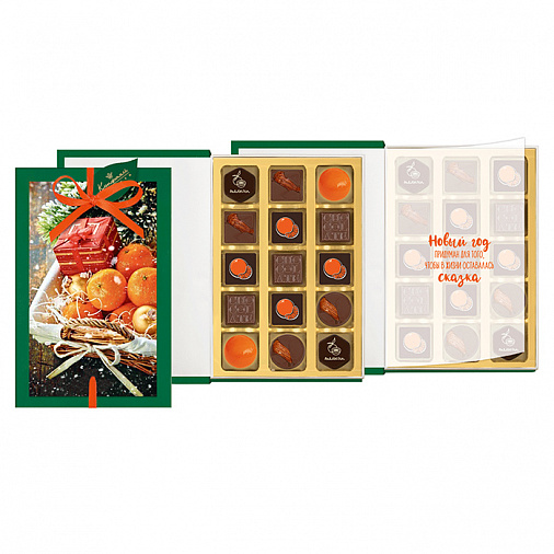 Новогодняя книга с конфетами из молочного шоколада с миндалем, драже, конфет глазированных, ассорти 155г