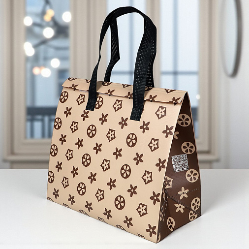 Термопакет бежевый с рисунком 32*27*15 (застежка-липучка многоразовая)