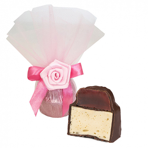 Конфета вишневый мармелад и ванильное суфле в горьком шоколаде розовая с розочкой 50г