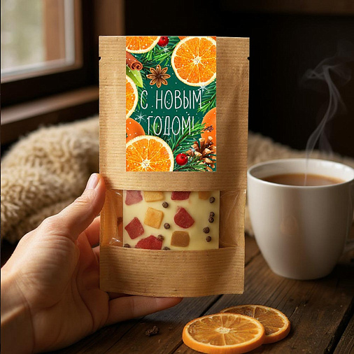 Новогодний шоколад белый с рисовыми шоколадными шариками, цукатами папайи 55г