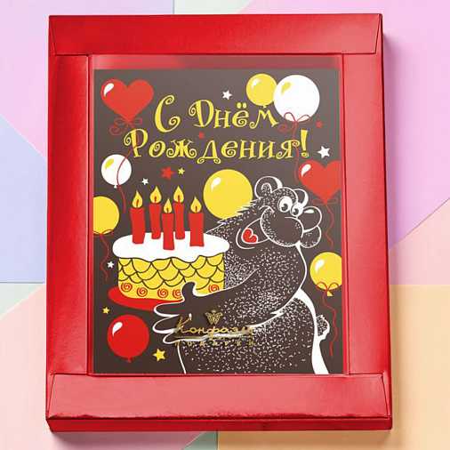 "С Днём Рождения" открытка из горького шоколада (медведь с тортом)