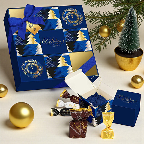 Новогодний набор с конфетами: сухофрукты, суфле, ассорти, шоколад, чай 730г