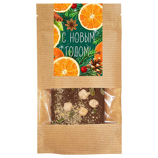 Новогодний шоколад молочный с фундуком, фисташками и апельсиновыми кранчами 55г