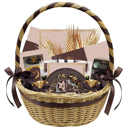 "С праздником Ураза-Байрам" корзина подарочная: шоколада, драже, конфет ассорти (капучино)