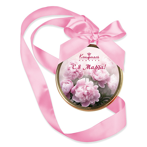 Медаль С 8 марта! шоколад молочный(пионы, розовая лента) 70г