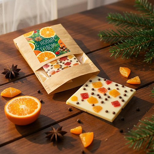 Новогодний шоколад белый с рисовыми шоколадными шариками, цукатами папайи 55г